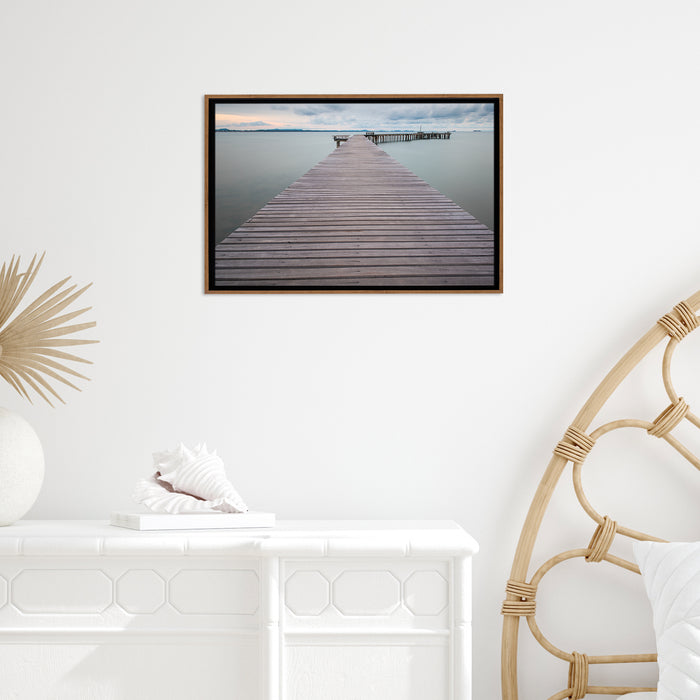 Wood Pier On The Lake Framed Canvas Wall Art
