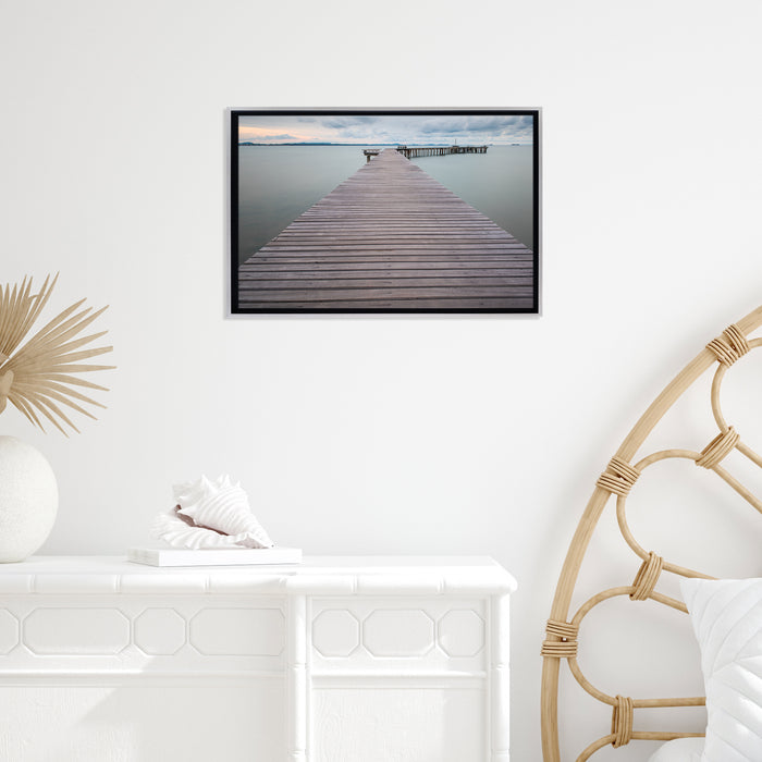 Wood Pier On The Lake Framed Canvas Wall Art